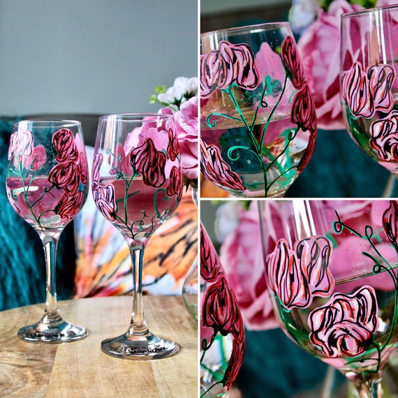 Pink Sweet Pea Wine Glass Handpainted