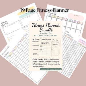 39 Page Fitness Planner Bundle | Printable Wellness Tracker | Habit Tracker, Meal Plan, Workout Log | Weight Loss Journal | Instant Download