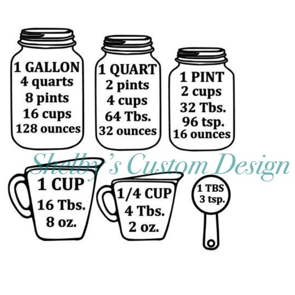 Measuring Cup Conversion  SVG, Mason Jar svg Design, Kitchen Decor svg Files, Silhouette Files, Cricut Files, SVG Cut Files, PNG Files