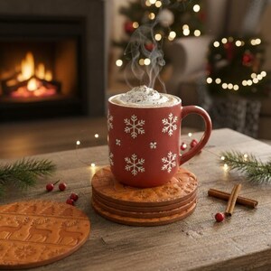 K&ouml;nnte beinhalten: Eine rote Keramiktasse mit wei&szlig;en Schneeflockenmustern, gef&uuml;llt mit einem Getr&auml;nk mit Schlagsahne, steht auf einem Stapel Untersetzer. Zimtstangen und Beeren sind auf einer Holzoberfl&auml;che angeordnet, mit einem Weihnachtsbaum im Hintergrund.