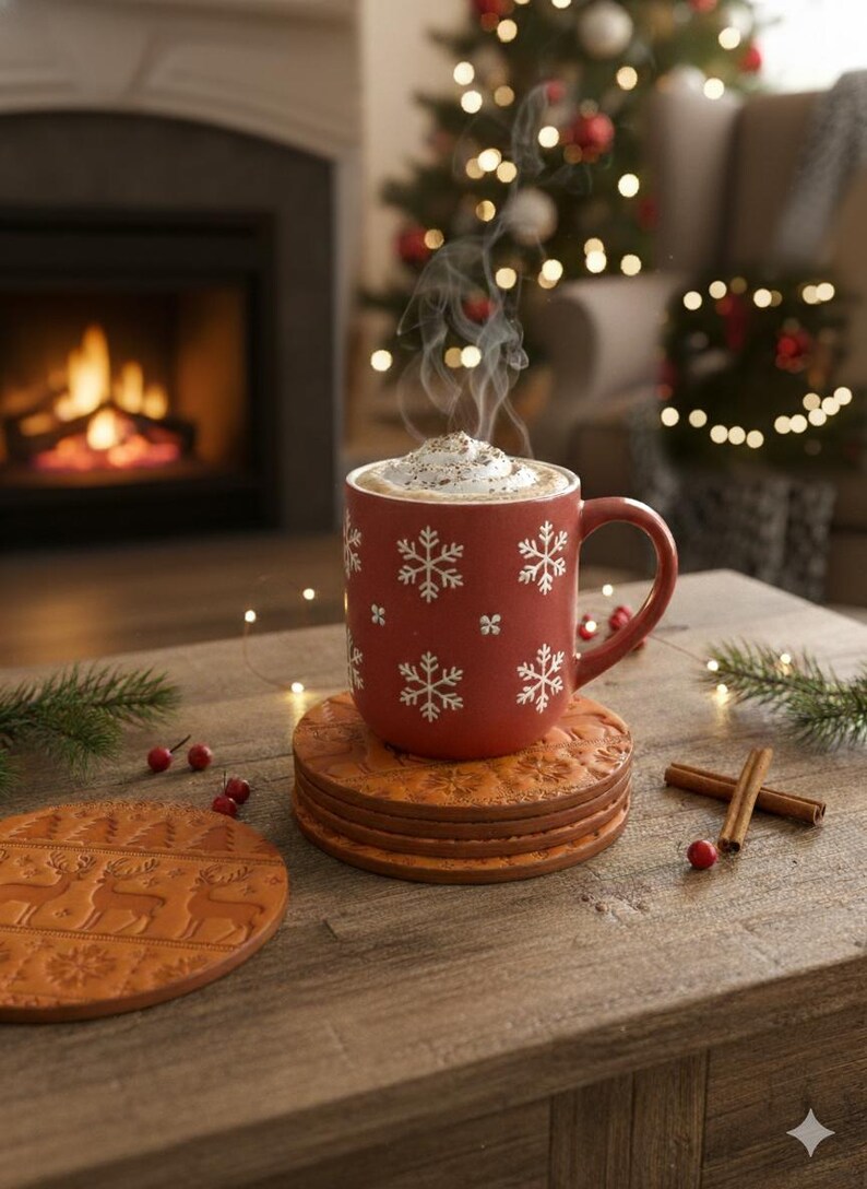 K&ouml;nnte beinhalten: Eine rote Keramiktasse mit wei&szlig;en Schneeflockenmustern, gef&uuml;llt mit einem Getr&auml;nk mit Schlagsahne, steht auf einem Stapel Untersetzer. Zimtstangen und Beeren sind auf einer Holzoberfl&auml;che angeordnet, mit einem Weihnachtsbaum im Hintergrund.