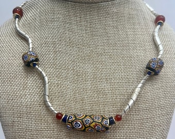 African Trade Bead and Thai Hills Silver Necklace