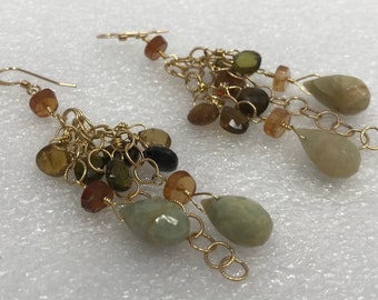 Green serpentine, tourmaline, and carnelian earrings