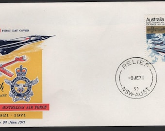 Busta FDC del primo giorno inutilizzata della Royal Australian Airforce, anniversario d'oro, 1971, WCS, regalo filatelico - Cachet giallo/blu