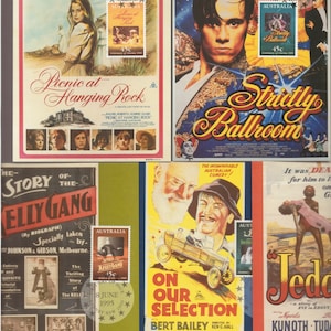 May include: A collage of vintage movie posters, including "Picnic at Hanging Rock" and "Strictly Ballroom." Each poster features colorful illustrations and text, with Australian postage stamps.