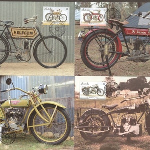 VINTAGE, début des années 1900, MOTOS, lot de 4 timbres, maxi cartes philatéliques australiennes, cadeau idéal pour papa ou cadre