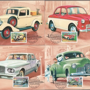 Classic CARS of Australia 4er Set Stempel 1997 Maxi Cards Auto Sammler, Geschenke für Ihn Einzigartig - FX Holden, R Series Valiant, Austin Lancer ++