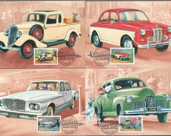 Classic CARS of Australia Set of 4 Stamp 1997 Maxi Cards Car Collector, Gifts for Him Unique - FX Holden, R Series Valiant, Austin Lancer ++