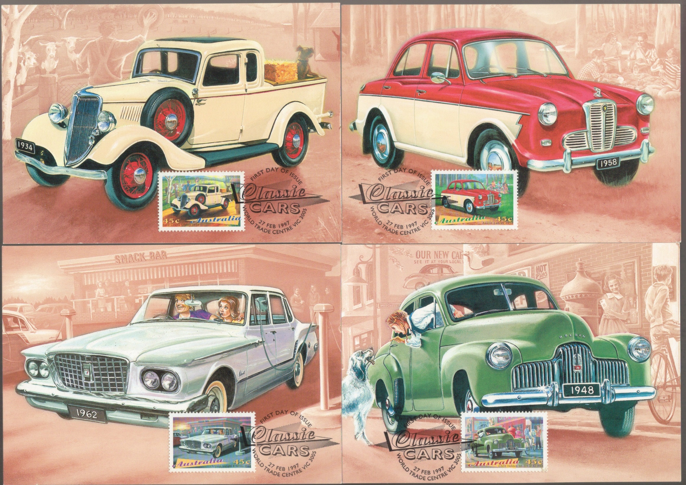 Classic CARS of Australia Set of 4 Stamp 1997 Maxi Cards Car Collector, Gifts for Him Unique - FX Holden, R Series Valiant, Austin Lancer ++
