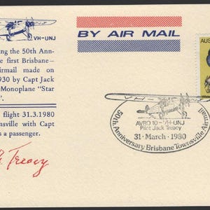 Jack TREACY Monoplane 50º aniversário CARLOS POSTAIS especiais ASSINADOS nas costas e na frente Cartão de lembrança de voo de 1980 - Grande presente filatélico
