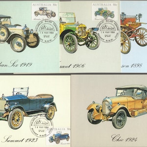 VINTAGE australische CARS Set mit 5 Briefmarken auf 5 Maxi Karten - SCARCE 1984 Set -Tolles Geschenk für Papa, Rahmen oder Scrapbooking-