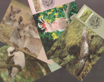 Native Australian ANIMALS Set of 4 Stamp Maxi Cards - PLATYPUS, Kangaroo, KOOKABURRA, Pink Cockatoo