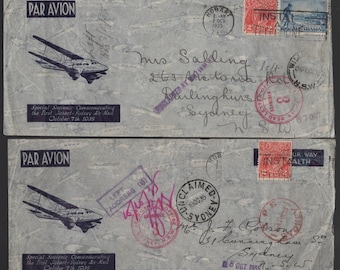 Buste postali vintage del 1935 per il primo volo aereo da Hobart a Sydney, con annulli multipli, inclusi annulli per lettere non recapitabili - Articolo da regalo filatelico