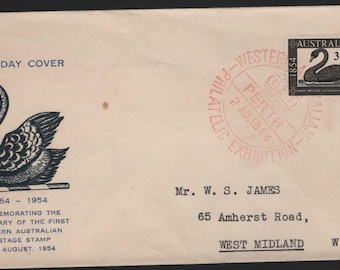 Sello postal del cisne del centenario de Australia Occidental WAPEX con matasellos rojo, vintage, sin sellar, 1954 WCS Wesley FDC - Ver texto... Efímero filatélico