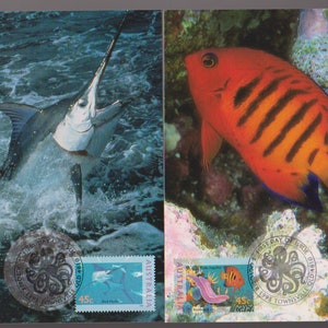Atemberaubende 6er-Set Welt im Ozean Meeresleben-Set mit 6 philatelischen Briefmarken-Maxikarten - Schildkröte, Marlin, Mako und Tigerhai-Maxikarten