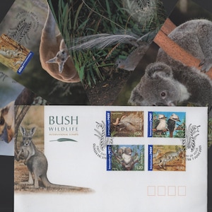 Australië BUSH WILDLIFE Set van 4 maxi-stempelkaarten en FDC - koala, liervogel, kookaburra, kangoeroe - mooie set, geweldig cadeau
