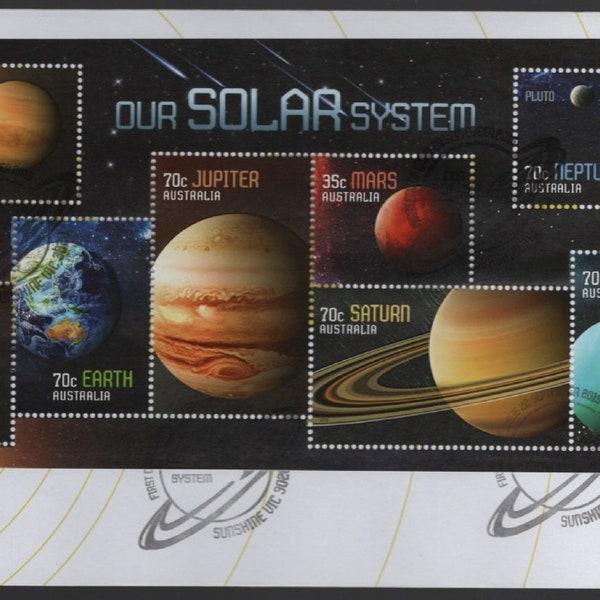 Our SOLAR SYSTEM Australia Set of 8 Mini Sheet Stamps Showing Planets FDC- Great Philatelic Gift, Craft Work or Kids Projects