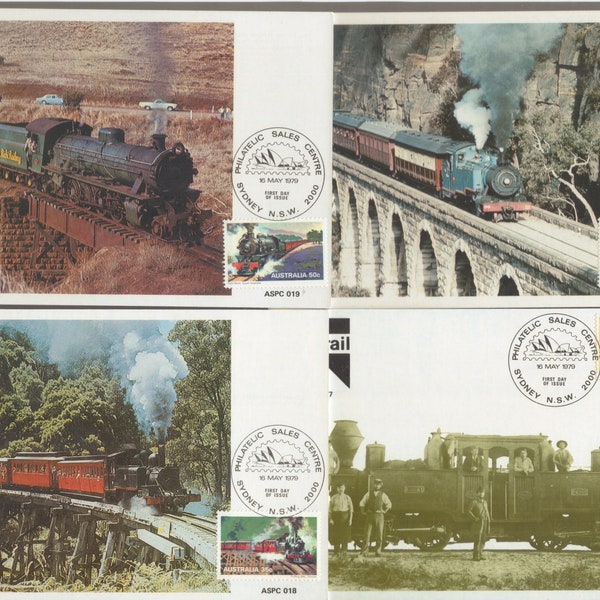 LOCOMOTIVES À VAPEUR australiennes Trains Railway 1979 Lot de 4 timbres maxi cartes - Pichi Richi, Zig Zag, Double Fairlie, Puffing Billy