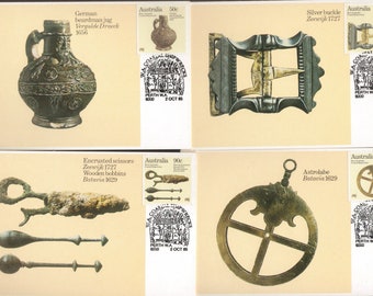 Conjunto de 4 selos de 1985 com artefatos e relíquias náuticas de naufrágios costeiros da Austrália - Ótimo presente para emoldurar, etc.
