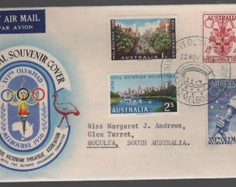 OLYMPICS de Melbourne 1956 VPA FDC avec lot de 4 timbres et carte d'annulation du stade, cadeau philatélique descellé