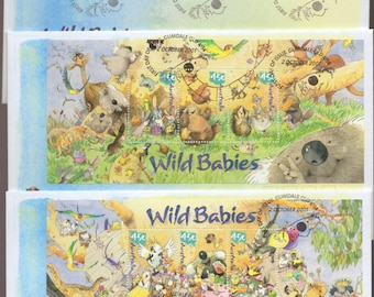 Australia WILD Babies CARTOON Personaggi Animali Cuccioli Set di 3 FDCS - Koala, Cacatua, Opossum, Bilby, Canguro, Vombato, Emù,