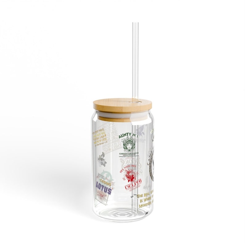 Camp-Half Blood Glass Can Sipper, Percy Jackson inspired sipper with bamboo lid/straw, PJO fan gift, Camp Half Blood Gift image 2