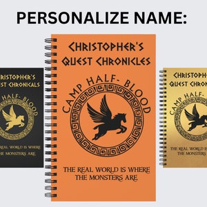 May include: Three different colored spiral notebooks with the text "Christopher's Quest Chronicles" and a Camp Half-Blood logo featuring a winged horse. The logo is in gold on a black, orange, and gold background.