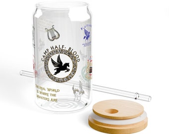 Camp-Half Blood Glass Can Sipper, Percy Jackson inspired sipper with bamboo lid/straw, PJO fan gift, Camp Half Blood Gift