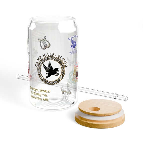 Camp-Half Blood Glass Can Sipper, Percy Jackson inspired sipper with bamboo lid/straw, PJO fan gift, Camp Half Blood Gift