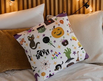 Coussin effrayant d'Halloween, décoration d'intérieur d'Halloween, coussin décoratif intérieur/extérieur en polyester, tailles 18 x 18 ou 20 x 20, cadeau d'Halloween