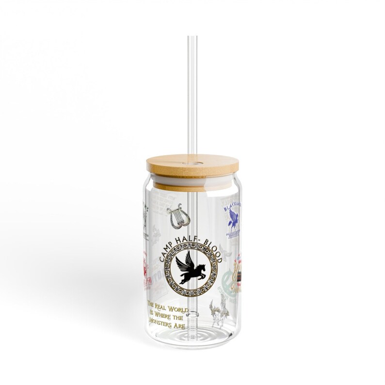 Camp-Half Blood Glass Can Sipper, Percy Jackson inspired sipper with bamboo lid/straw, PJO fan gift, Camp Half Blood Gift image 7
