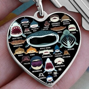 Shark Lovers Heart Key Chain with Personalized Message, Shark Faces Keychain Gift, Personalized Message on a Silver or Gold Plated Key Chain
