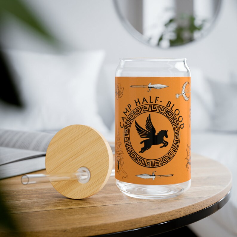 キャンプ・ハーフブラッドのガラス缶カップ、再利用可能なプラスチックストローと竹製の蓋、パーシー・ジャクソンのグッズ、キャンプ・ハーフブラッドのギフト 画像 6