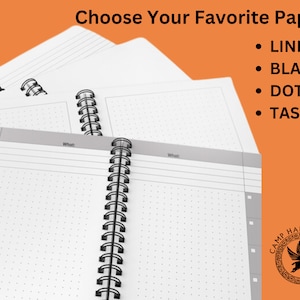 May include: Four different types of notebook paper: lined, blank, dot grid, and task. The paper is white and the notebook has a black spiral binding. The notebook has a Camp Half-Blood logo on the cover.