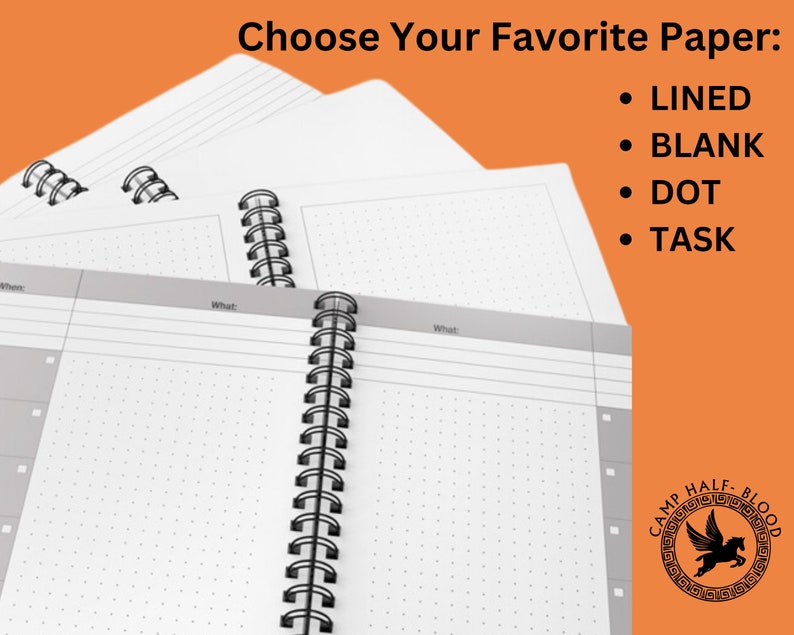 May include: Four different types of notebook paper: lined, blank, dot grid, and task. The paper is white and the notebook has a black spiral binding. The notebook has a Camp Half-Blood logo on the cover.