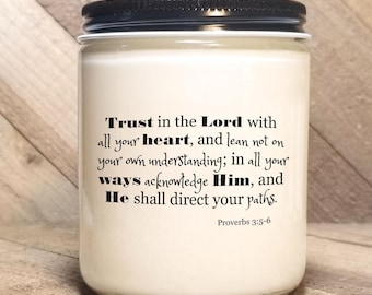 Proverbs 3:5-6, Bible Verse Candle, Scripture Candle, Personalize Gift, Religious Candle, God Word Candle, Gospel Candle, Good News Candles