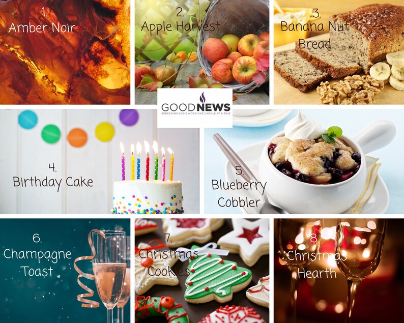 Pu&ograve; includere: Un collage di otto diverse fragranze di candele, ciascuna con un'immagine corrispondente. Le fragranze sono: Amber Noir, Apple Harvest, Banana Nut Bread, Birthday Cake, Blueberry Cobbler, Champagne Toast, Christmas Cook e Christmas Hearth.