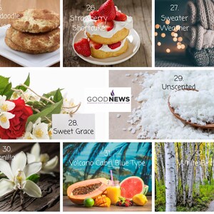 May include: A collage of images showcasing different candle scents, including Snickerdoodle Cookies, Strawberry Shortcake, Sweater Weather, Sweet Grace, Unscented, Vanilla, Volcano Cabri Blue Type, and White Birch.