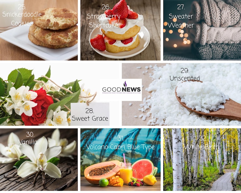 May include: A collage of images showcasing different candle scents, including Snickerdoodle Cookies, Strawberry Shortcake, Sweater Weather, Sweet Grace, Unscented, Vanilla, Volcano Cabri Blue Type, and White Birch.