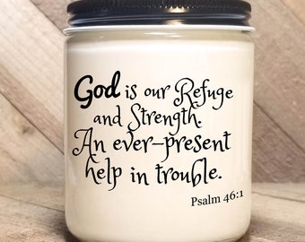 Psalm 46:1, Bible Verse Soy Candle, Scripture Candle, Personalize Gift, Religious Candle, God Word Candle, Gospel Candle, Good News Candles