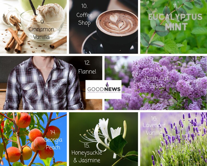 May include: A collage of images showcasing different scents, including cinnamon vanilla, coffee shop, eucalyptus mint, flannel, fresh cut lilacs, Georgia peach, honeysuckle and jasmine, and lavender vanilla.