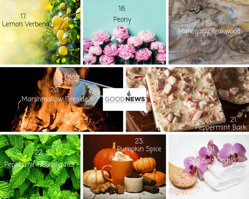 Pu&ograve; includere: Un collage di immagini che mostrano diversi profumi di candele, tra cui Verbena al Limone, Peonia, Mogano Teakwood, Fuoco di Marshmallow, Scorza di Menta Piperita, Eucalipto alla Menta Piperita, Spezie di Zucca e Orchidea al Sale Marino.