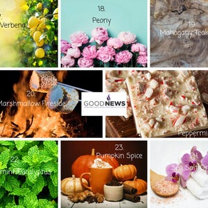 May include: A collage of images showcasing different candle scents, including Lemon Verbena, Peony, Mahogany Teakwood, Marshmallow Fireside, Peppermint Bark, Peppermint Eucalyptus, Pumpkin Spice, and Sea Salt Orchid.
