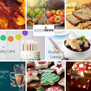 May include: A collage of eight different candle scents, each with a corresponding image. The scents are: Amber Noir, Apple Harvest, Banana Nut Bread, Birthday Cake, Blueberry Cobbler, Champagne Toast, Christmas Cook, and Christmas Hearth.