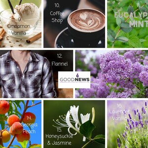 Pu&ograve; includere: Un collage di immagini che mostrano diversi profumi, tra cui cannella vaniglia, caff&egrave;, eucalipto menta, flanella, lill&agrave; appena tagliati, pesca della Georgia, caprifoglio e gelsomino, e lavanda vaniglia.
