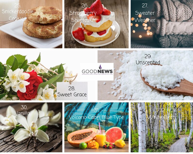Pu&ograve; includere: Un collage di immagini che mostrano diversi profumi di candele, tra cui Snickerdoodle Cookies, Strawberry Shortcake, Sweater Weather, Sweet Grace, Insapore, Vaniglia, Volcano Cabri Blue Type e Betulla Bianca.