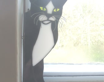 Stained glass Black & White Peeping Cat(L)