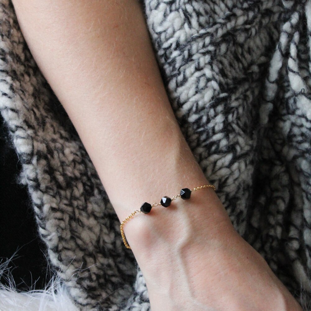Dainty Black Jet Link Bracelet 14K Gold filled Rose Gold image 0