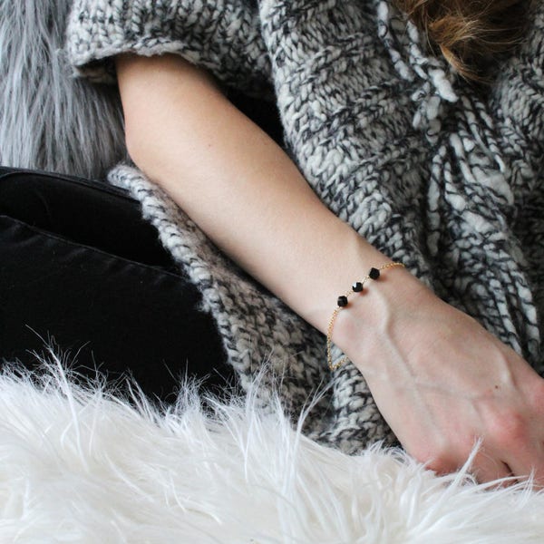 Dainty Black Jet Link Bracelet 14K Gold filled Rose Gold image 1