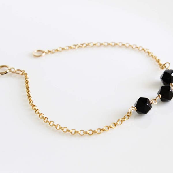 Dainty Black Jet Link Bracelet 14K Gold filled Rose Gold image 3